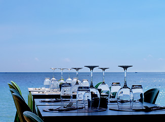 Image showing Served Restaurant Tables on Sea Coast