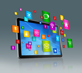 Image showing Digital Tablet and flying apps icons