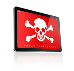 Image showing digital tablet PC with a pirate symbol on screen. Hacking concep
