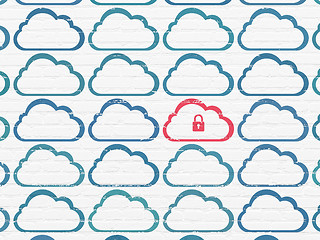 Image showing Cloud computing concept: cloud with padlock icon on wall background