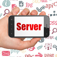 Image showing Web design concept: Hand Holding Smartphone with Server on display
