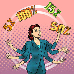 Image showing Promotions discounts sale businesswoman juggling cent