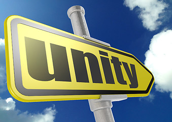 Image showing Yellow road sign with unity word under blue sky