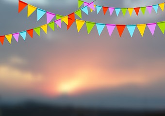 Image showing Party flags celebrate abstract background and sunset landscape