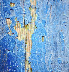 Image showing dirty stripped paint in the blue wood door and rusty nail