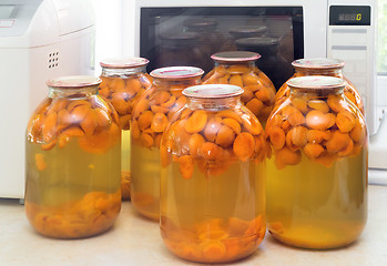 Image showing Home canning: large glass cylinders with apricot compote.