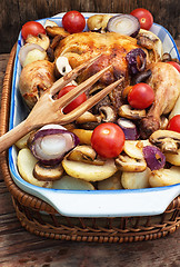 Image showing baked chicken with potatoes and mushrooms