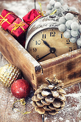 Image showing retro arrangement for Christmas with an old alarm clock