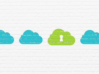 Image showing Cloud computing concept: cloud with keyhole icon on wall background