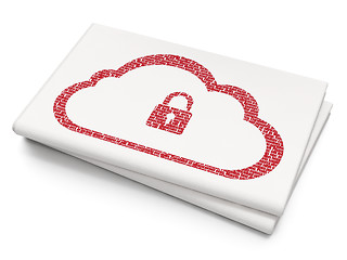 Image showing Cloud networking concept: Cloud With Padlock on Blank Newspaper background