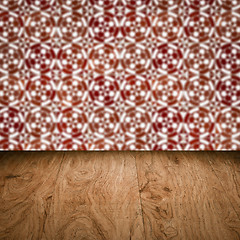 Image showing Wood table top and blur vintage ceramic tile pattern wall