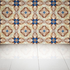 Image showing Wood table top and blur vintage ceramic tile pattern wall