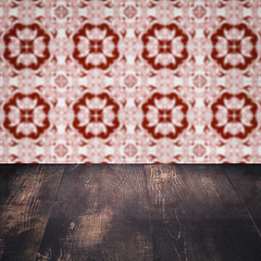 Image showing Wood table top and blur vintage ceramic tile pattern wall