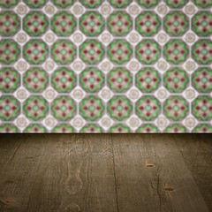 Image showing Wood table top and blur vintage ceramic tile pattern wall