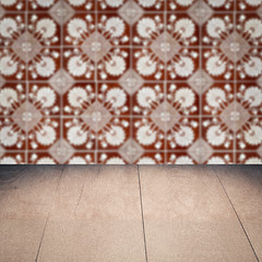 Image showing Wood table top and blur vintage ceramic tile pattern wall