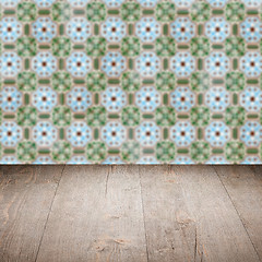 Image showing Wood table top and blur vintage ceramic tile pattern wall