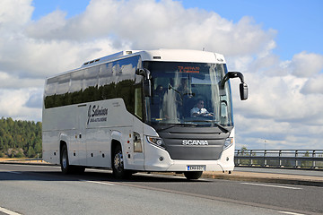 Image showing White Scania Touring Bus on the Road at Summer