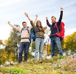 Image showing group of smiling friends with backpacks hiking