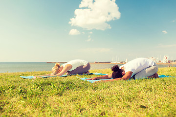 Image showing couple making yoga exercises outdoors