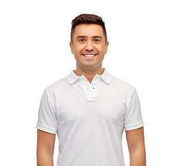 Image showing smiling man in white blank polo t-shirt