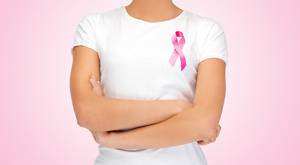 Image showing close up of woman with pink cancer awareness ribbon