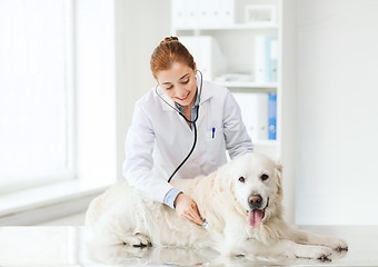 Image showing happy woman with dog and doctor at vet clinic