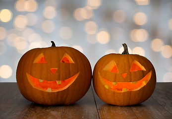 Image showing close up of carved halloween pumpkins on table