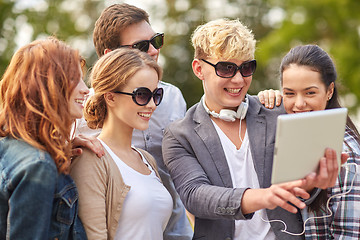 Image showing students or teenagers with tablet pc taking selfie