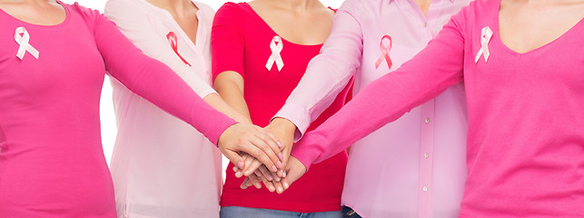 Image showing close up of women with cancer awareness ribbons