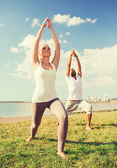 Image showing couple making yoga exercises outdoors