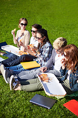 Image showing group of teenage students eating pizza on grass