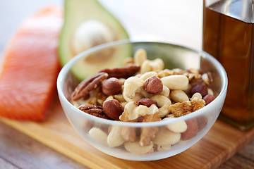 Image showing close up of nut mix in glass bowl on table