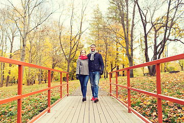 Image showing smiling couple hugging on bridge in autumn park