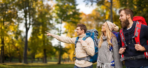 Image showing group of smiling friends with backpacks hiking