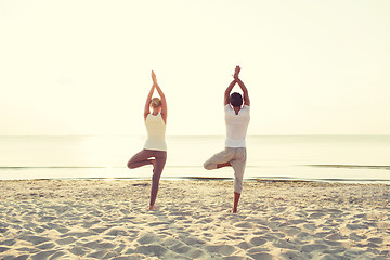 Image showing couple making yoga exercises outdoors from back