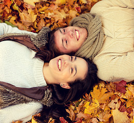 Image showing close up of smiling couple lying in autumn park