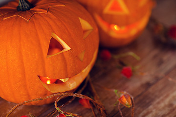 Image showing close up of pumpkins on table