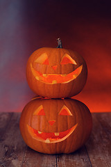 Image showing close up of pumpkins on table