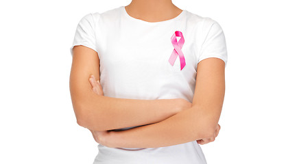 Image showing smiling woman with pink cancer awareness ribbon