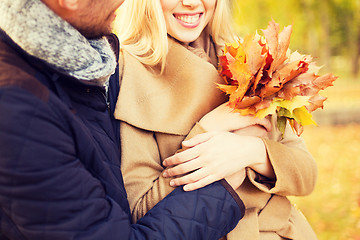 Image showing close up of smiling couple hugging in autumn park