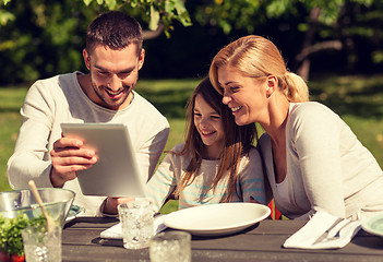 Image showing happy family with tablet pc outdoors