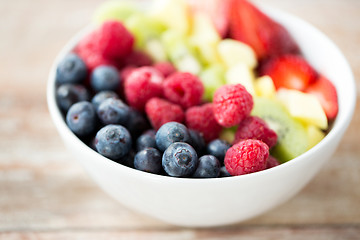 Image showing close up of fruits and berries in bowl on table