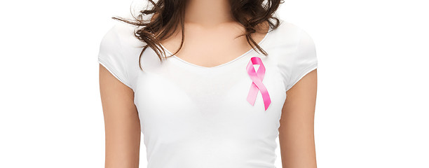 Image showing smiling woman with pink cancer awareness ribbon