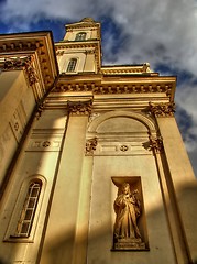 Image showing Church over blue sky with moving clouds