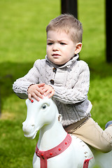 Image showing 2 years old Baby boy playing with horse
