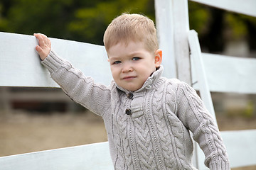 Image showing 2 years old Baby boy on the a white picket fence beside the hors