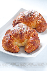 Image showing Continental breakfast with coffee , croissants and fresh fruit