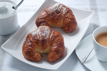 Image showing Continental breakfast with coffee , croissants and fresh fruit