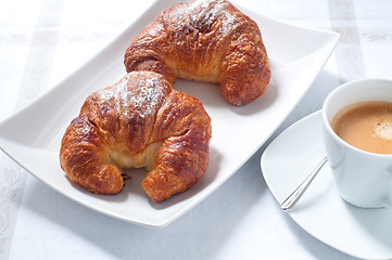 Image showing Continental breakfast with coffee , croissants and fresh fruit