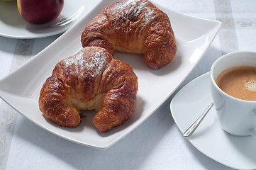 Image showing Continental breakfast with coffee , croissants and fresh fruit